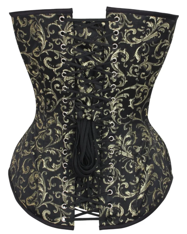 Long Gold Brocade Pattern Gothic Corset With Hip Gores curvycorset.com
