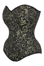 Long Gold Brocade Pattern Gothic Corset With Hip Gores curvycorset.com