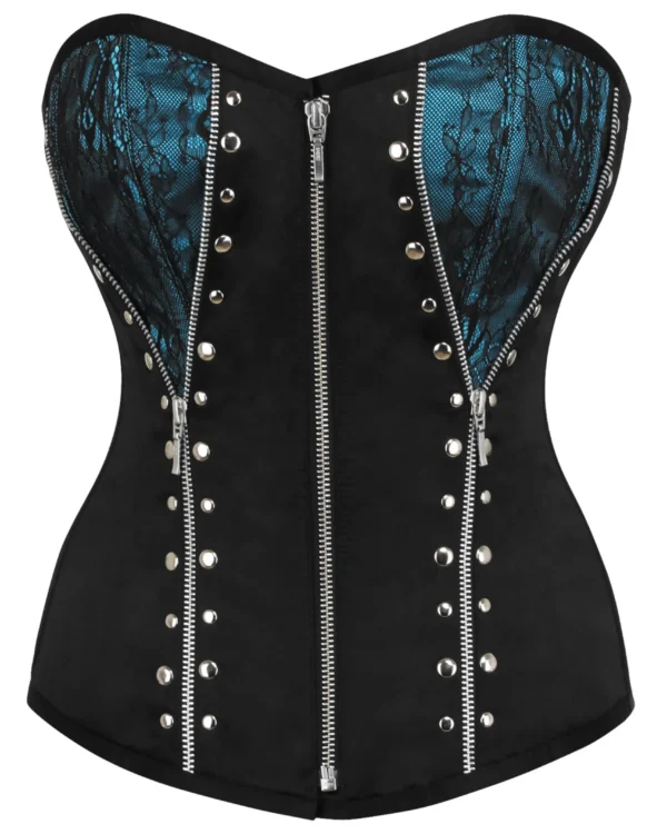 Turquoise and Black Overbust Gothic Corset Top with Zips curvycorset.com