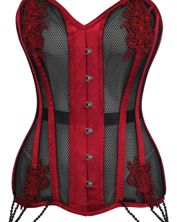 Red with Black Mesh Lace Appliqué Waist Taming Gothic Corset curvycorset.com