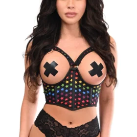 Curvy's Rainbow Stars Underwire Open Cup Corsets Mesh Cincher w/Criss Cross Back