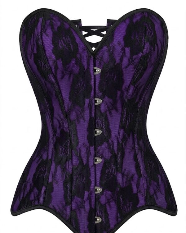 Purple Satin with Black Lace Overlay Steel Boned Strapless Gothic Corset curvycorset.com