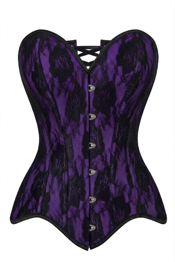 Sexy Nude Purple Satin w/Black Lace Overlay Steel Boned Strapless Gothic Corset curvycorset.com