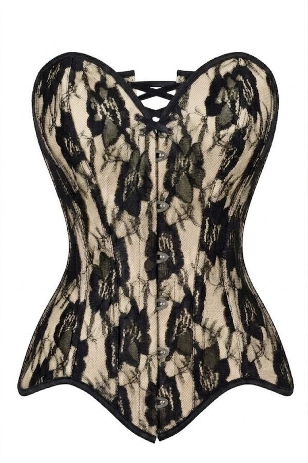 Sexy Nude Satin w/Black Lace Overlay Steel Boned Strapless Gothic Corset Top curvycorset.com