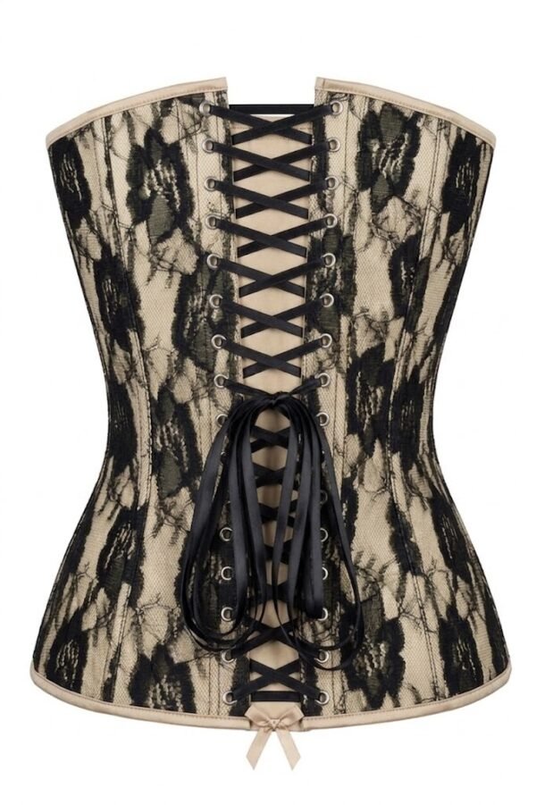 Sexy Nude Satin w/Black Lace Overlay Steel Boned Strapless Gothic Corset Top curvycorset.com
