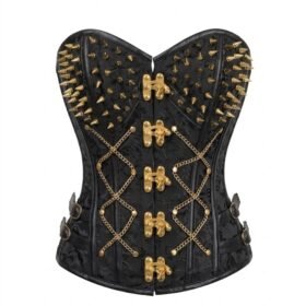 Steampunk Black Brocade & Gold Spikes Steel Boned Gothic Corset curvycorset.com