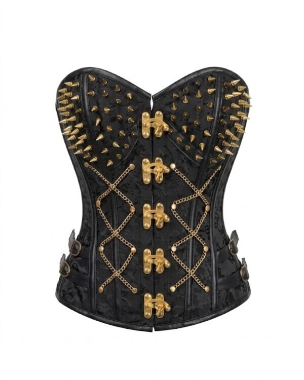 Steampunk Black Brocade & Gold Spikes Steel Boned Gothic Corset curvycorset.com