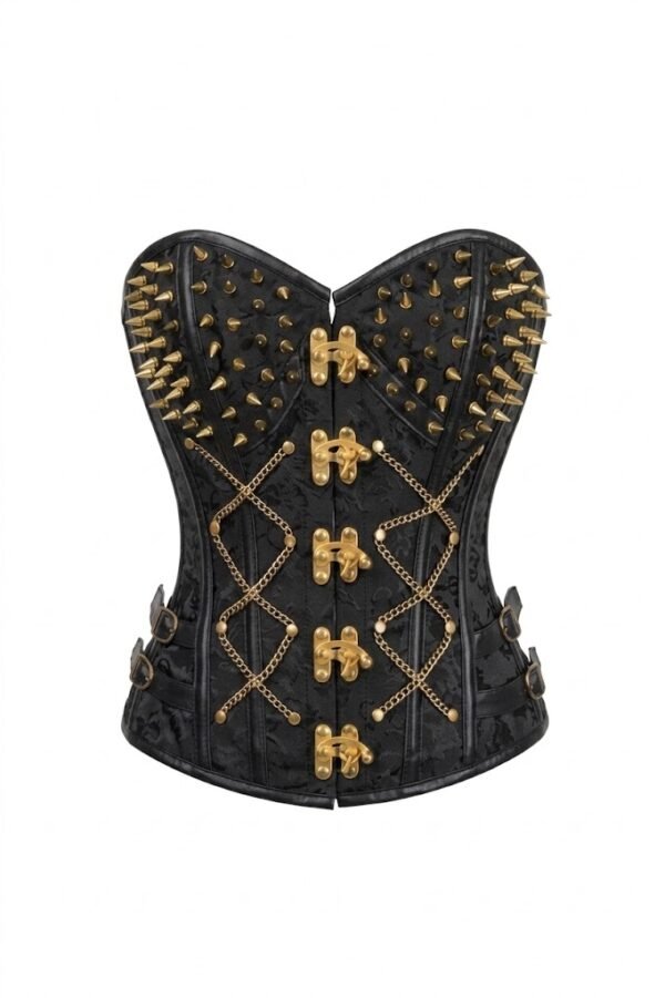 Steampunk Black Brocade & Gold Spikes Steel Boned Gothic Corset curvycorset.com
