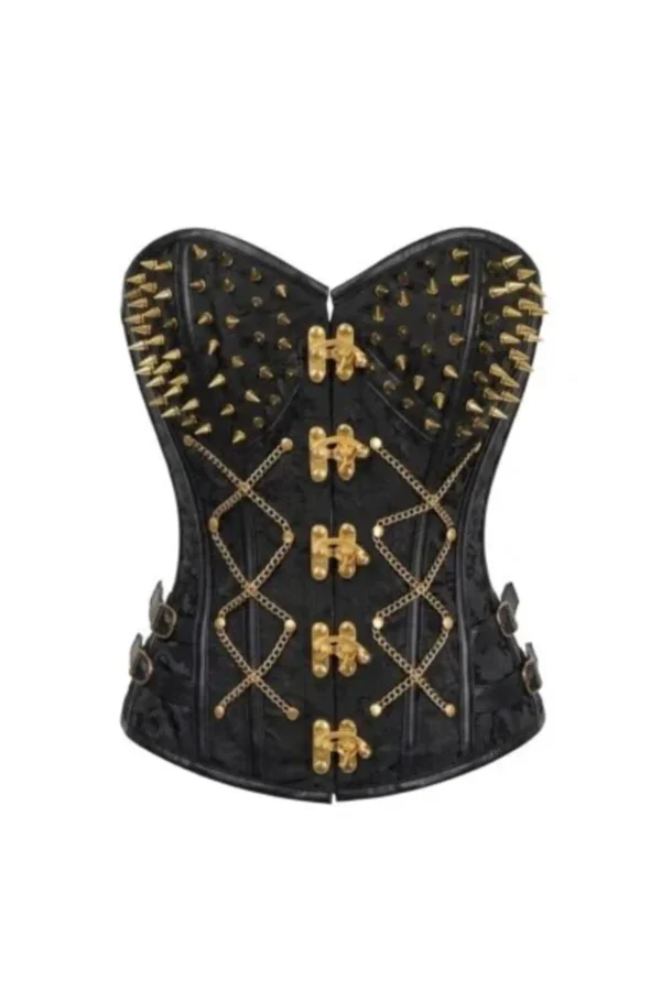 Steampunk Black Brocade & Gold Spikes Steel Boned Gothic Corset curvycorset.com
