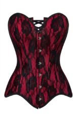 Sexy Nude Satin Red Lace Overlay Steel Boned Strapless Gothic Corset Top curvycorset.com