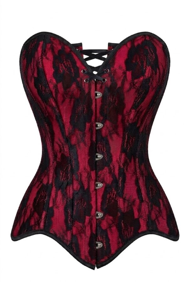 Sexy Nude Satin Red Lace Overlay Steel Boned Strapless Gothic Corset Top curvycorset.com