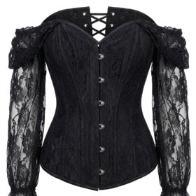 Halloween Black Lace Steel Boned Long Sleeve Gothic Corset curvycorset.com