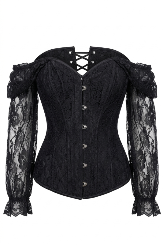 Halloween Black Lace Steel Boned Long Sleeve Gothic Corset curvycorset.com