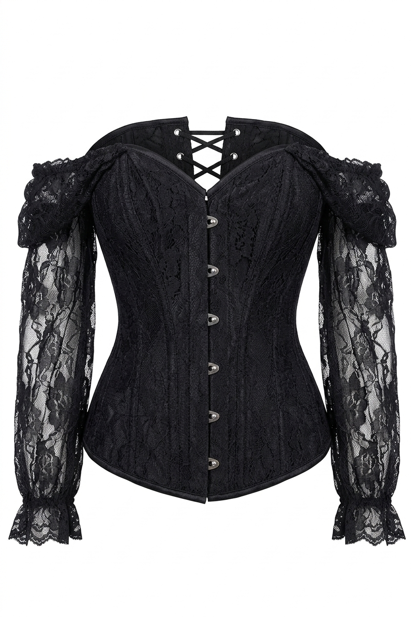 Halloween Black Lace Steel Boned Long Sleeve Gothic Corset Halloween Black Lace Steel Boned Long Sleeve Gothic Corset curvycorset.com