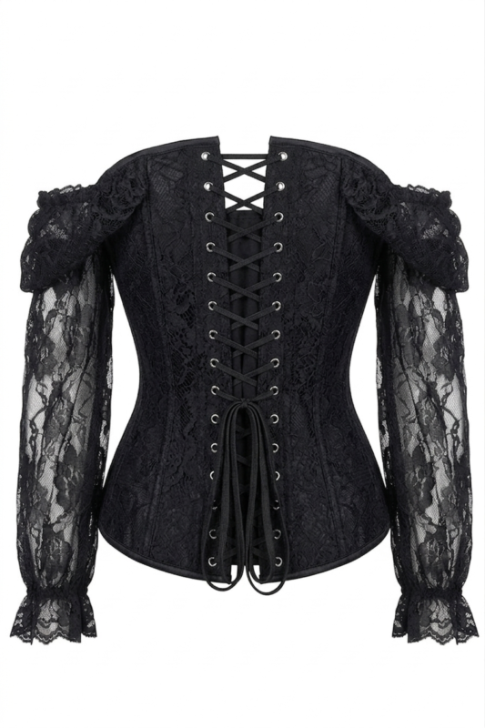 Halloween Black Lace Steel Boned Long Sleeve Gothic Corset curvycorset.com