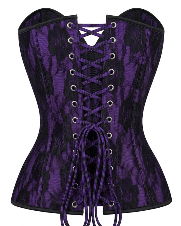 Purple Satin with Black Lace Overlay Steel Boned Strapless Gothic Corset curvycorset.com