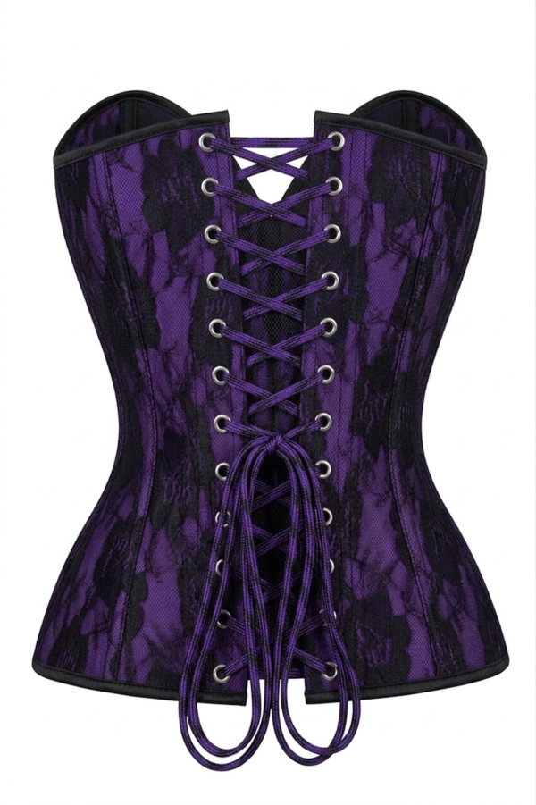 Sexy Nude Purple Satin w/Black Lace Overlay Steel Boned Strapless Gothic Corset curvycorset.com