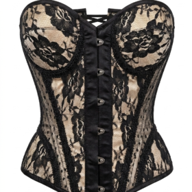 Nude w/Black Lace Steel Boned Underwire Bustier Gothic Corset curvycorset.com