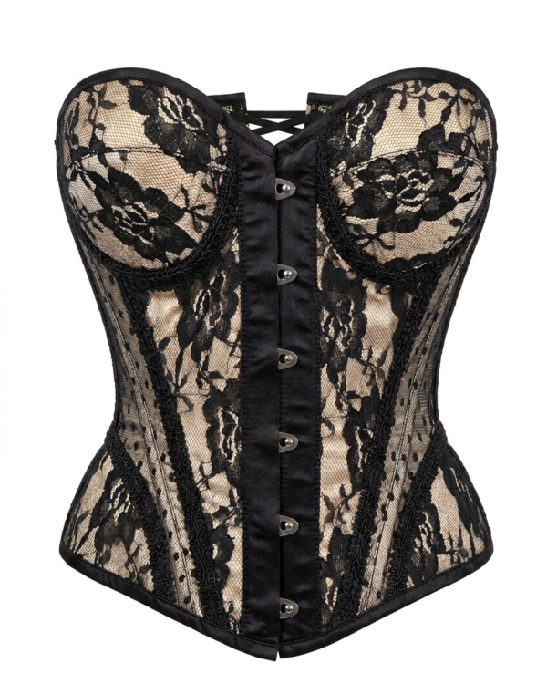 Nude w/Black Lace Steel Boned Underwire Bustier Gothic Corset curvycorset.com