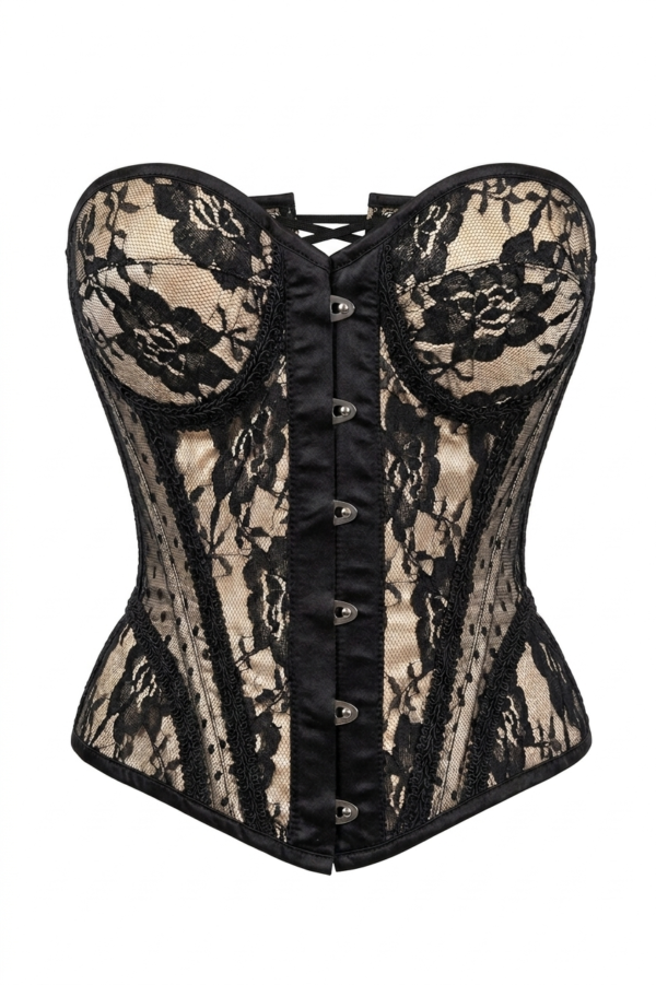 Nude w/Black Lace Steel Boned Underwire Bustier Gothic Corset curvycorset.com
