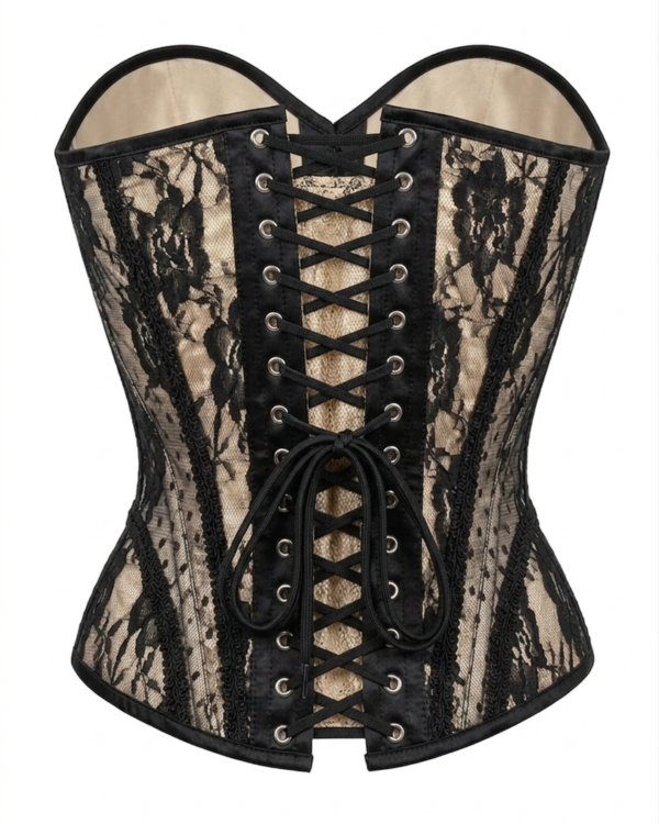 Nude w/Black Lace Steel Boned Underwire Bustier Gothic Corset curvycorset.com