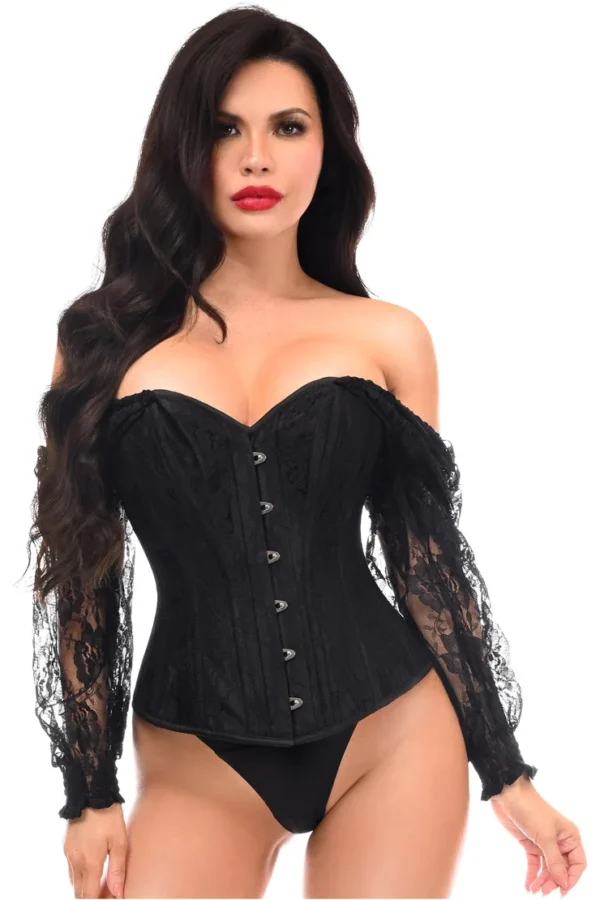Halloween Black w/Black Lace Steel Boned Long Sleeve Gothic Corset