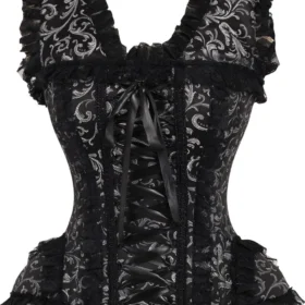 Black Silver Floral Jacquard Steel Boned Gothic Lace Corset curvycorset.com