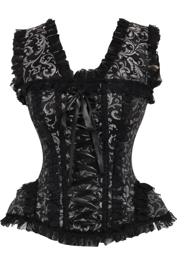 Silver/Black Swirl Brocade & Lace Steel Boned Gothic Corset w/Cap Sleeves