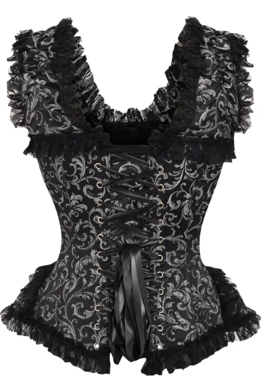 Black Silver Floral Jacquard Steel Boned Gothic Lace Corset curvycorset.com