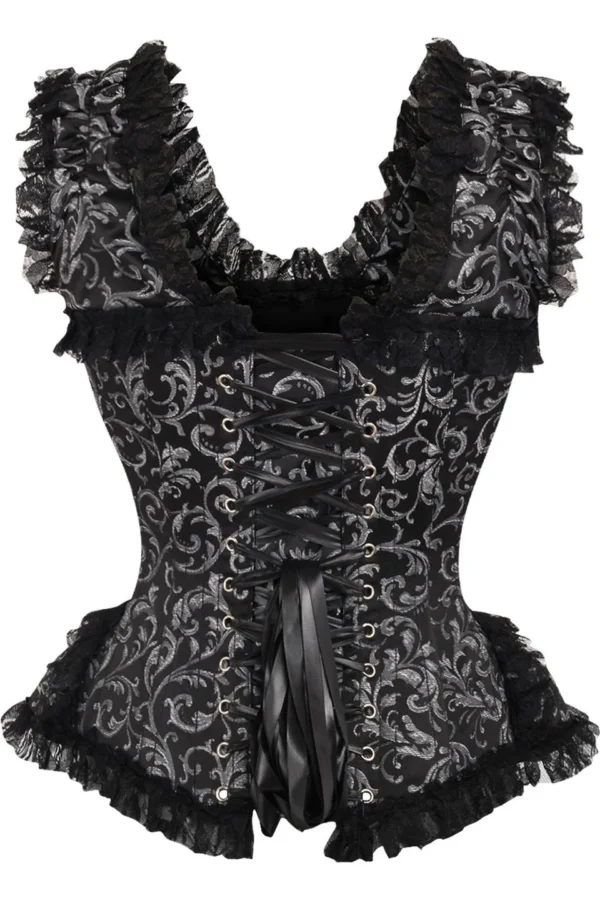 Black Silver Floral Jacquard Steel Boned Gothic Lace Corset curvycorset.com