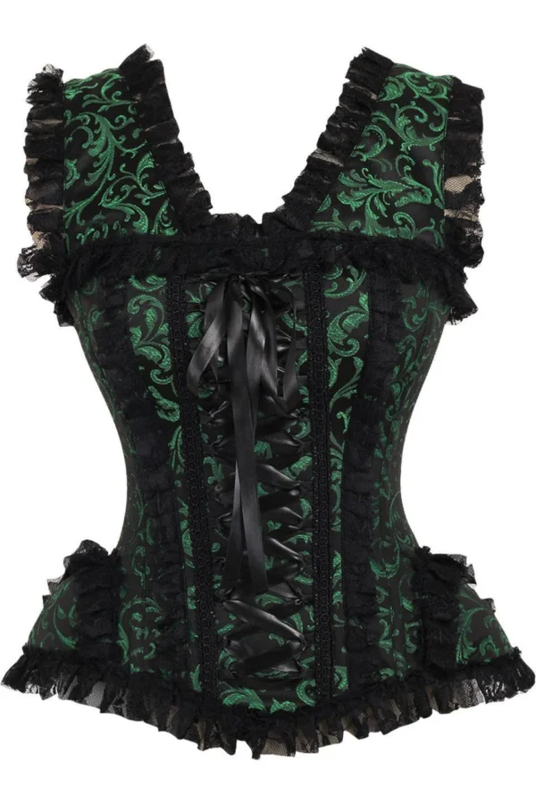 Green/Black Swirl Brocade & Lace Steel Boned Gothic Corset w/Cap Sleeves