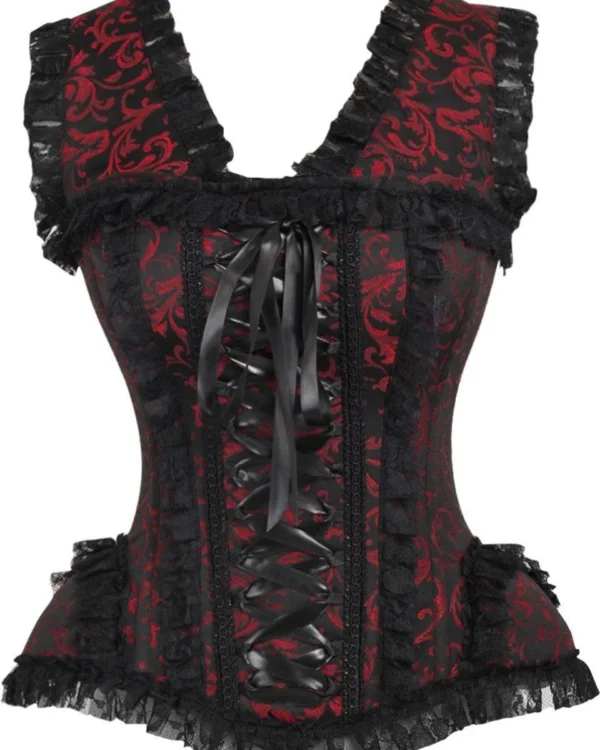 Crimson Floral Brocade Gothic Steel Boned Overbust Corset curvycoset.com