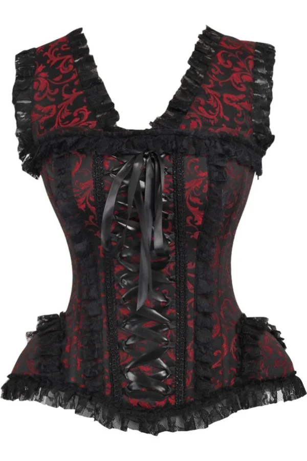 Red/Black Swirl Brocade & Lace Steel Boned Gothic Corset w/Cap Sleeves