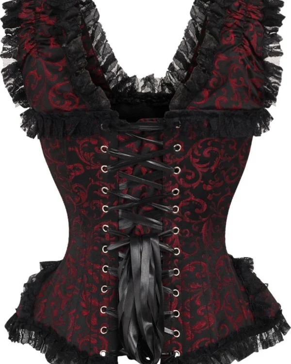 Crimson Floral Brocade Gothic Steel Boned Overbust Corset curvycoset.com