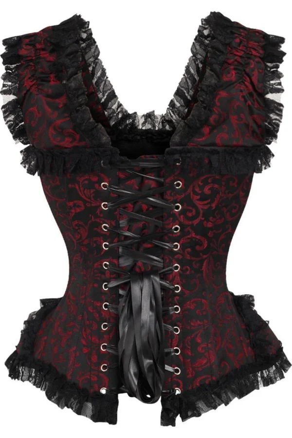 Crimson Floral Jacquard Gothic Steel Boned Overbust Corset curvycoset.com