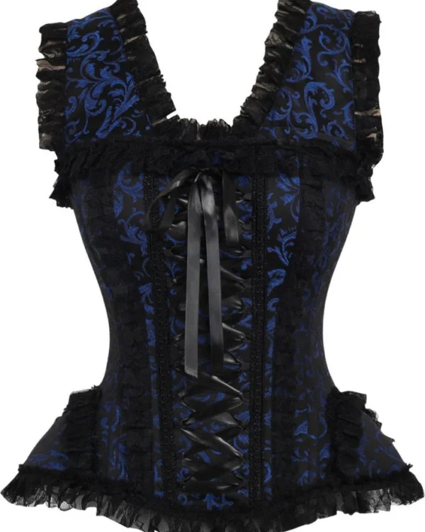Royal Blue & Black Swirl Brocade Steel-Boned Gothic Lace Corset curvycorset.com