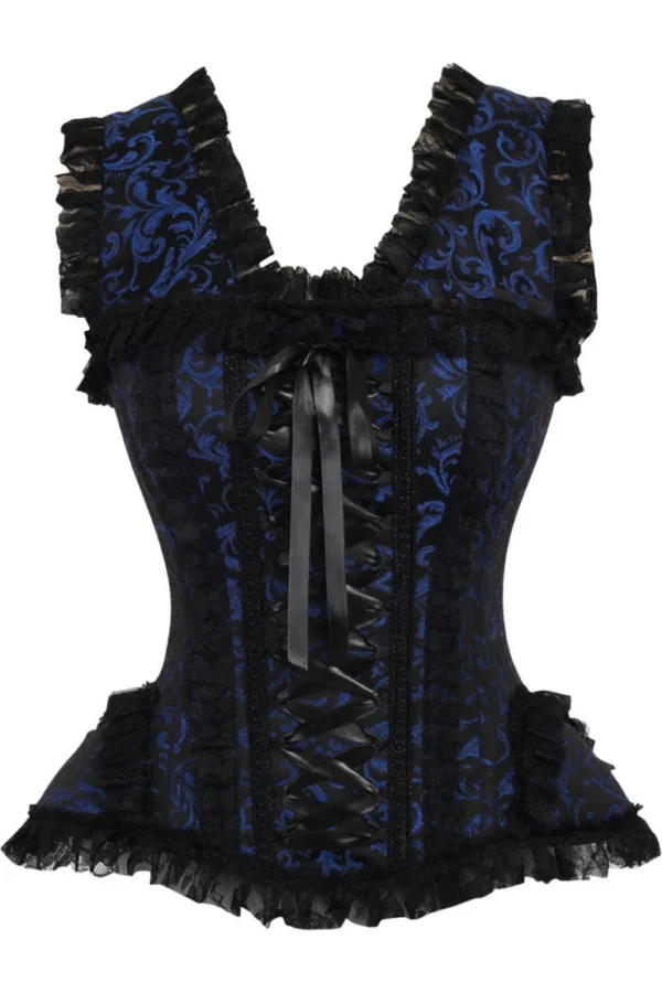 Blue/Black Swirl Brocade & Lace Steel Boned Gothic Corset w/Cap Sleeves