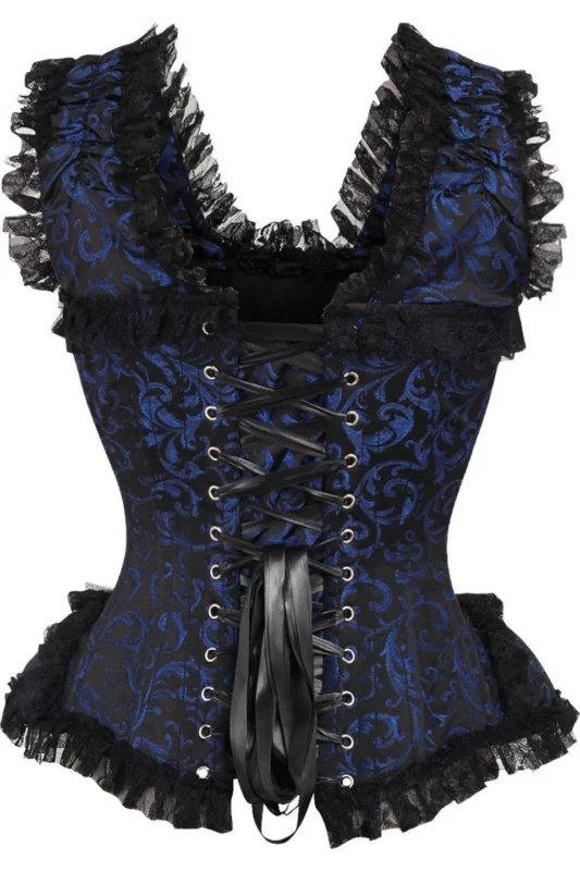 Royal Blue & Black Swirl Brocade Steel-Boned Gothic Lace Corset curvycorset.com