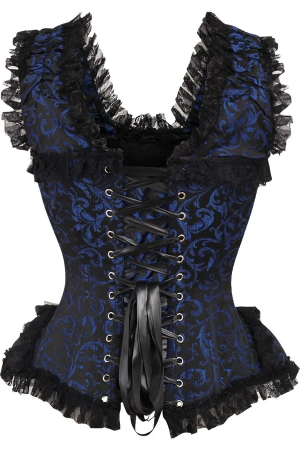 Royal Blue & Black Swirl Brocade Steel-Boned Gothic Lace Corset curvycorset.com