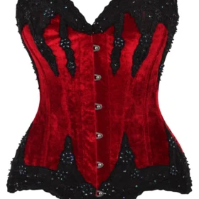 Gothic Dark Red Velvet & Beaded Steel Boned Overbust Corset Bustier Top curvycorset.com