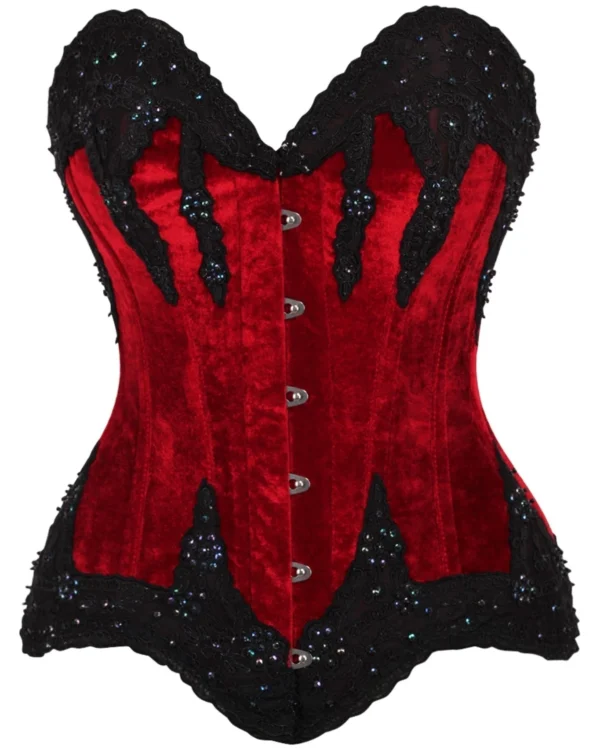Gothic Dark Red Velvet & Beaded Steel Boned Overbust Corset Bustier Top curvycorset.com