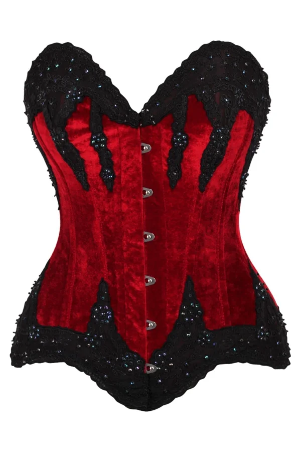 Gothic Dark Red Velvet & Beaded Steel Boned Overbust Corset Bustier Top