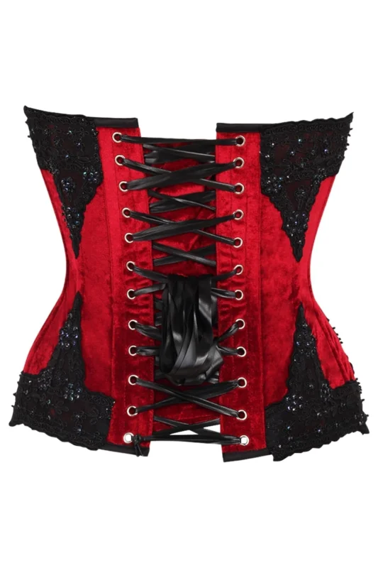 Gothic Dark Red Velvet & Beaded Steel Boned Overbust Corset Bustier Top curvycorset.com