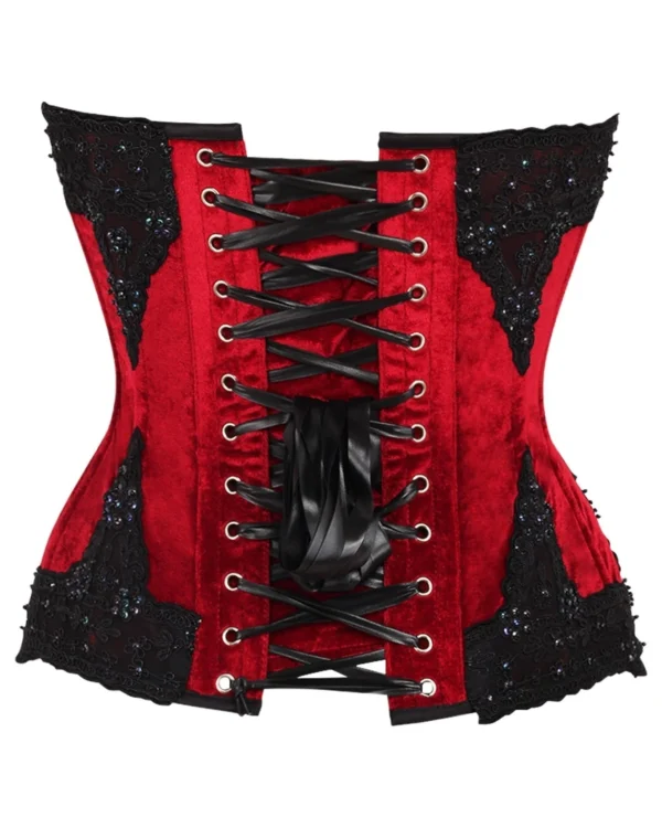 Gothic Dark Red Velvet & Beaded Steel Boned Overbust Corset Bustier Top curvycorset.com