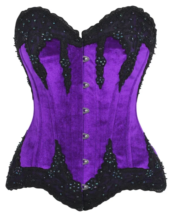 Gothic Purple Velvet & Beaded Steel Boned Overbust Corset Bustier Top curvycorset.com