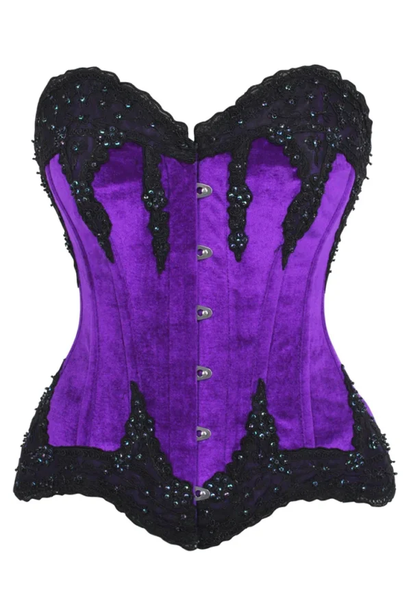 Gothic Purple Velvet & Beaded Steel Boned Overbust Corset Bustier Top