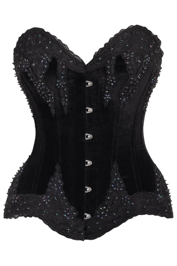 Gothic Black Velvet & Beaded Steel Boned Overbust Halloween Corset