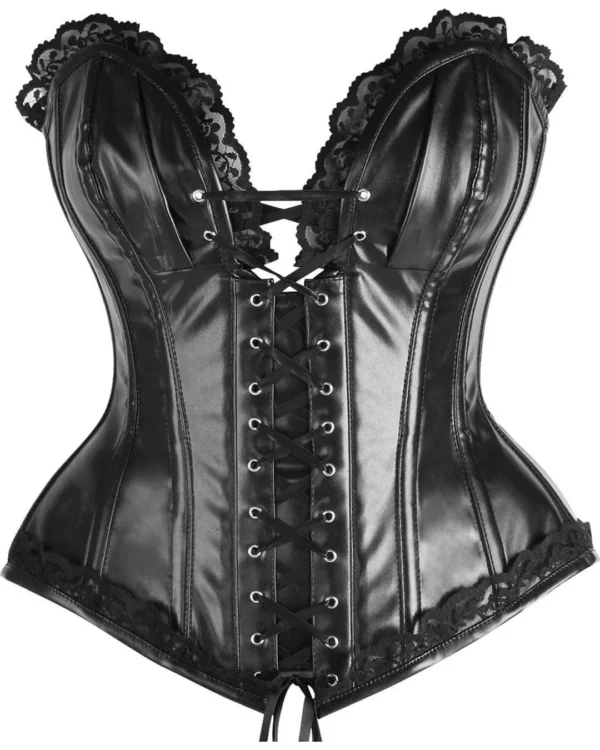 Black Faux Leather & Black Lace Steel-Boned Gothic Overbust Corset Bustier curvycorset.com