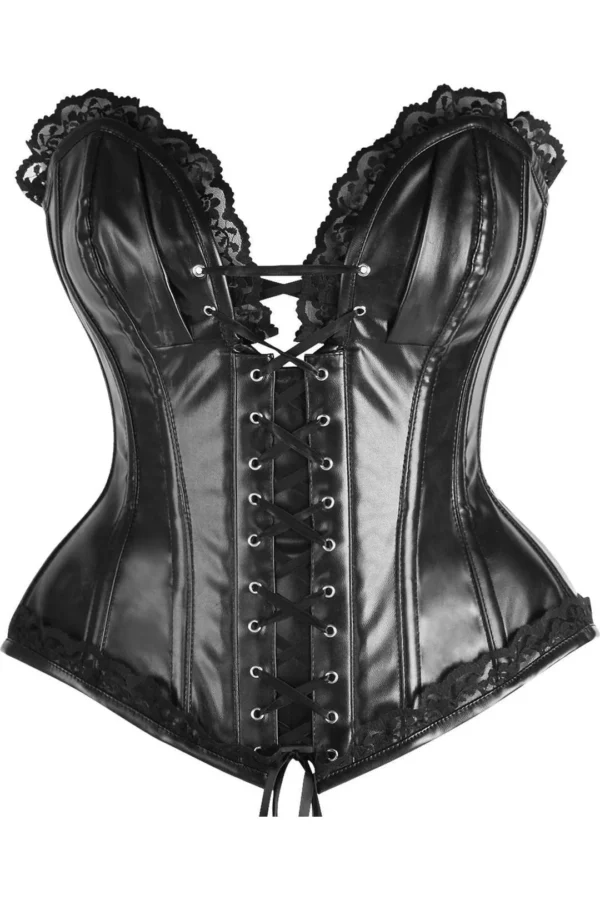 Gothic Black Faux Leather & Lace Trim Steel Boned Goth in Corset
