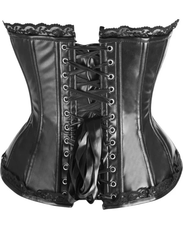 Black Faux Leather & Black Lace Steel-Boned Gothic Overbust Corset Bustier curvycorset.com